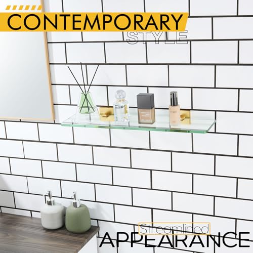 KOKOSIRI Wall Shelves 20-Inch Floating Tempered Glass Shelf for Bathroom Kitchen Hanging Rack Shower Storage, 2 Pack Gold Stainless Steel B1107BG-L20-P2 - color: Brushed Gold, size: 20-Inch(2 Pack)