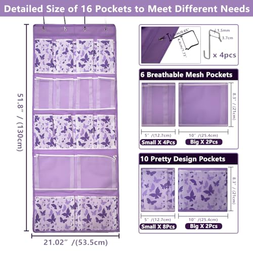 16 Pockets Over Door Hanging Storage Organizer with 4 Kinds Pouches for Shoes,Sock,Hat,Underwear,Handbag,Cosmetics,Toiletry,Behind Door Hanging Shelf Space-saving for Bathroom,Bedroom,Entrance,Purple - style: Medium-Purple: Pack of 1