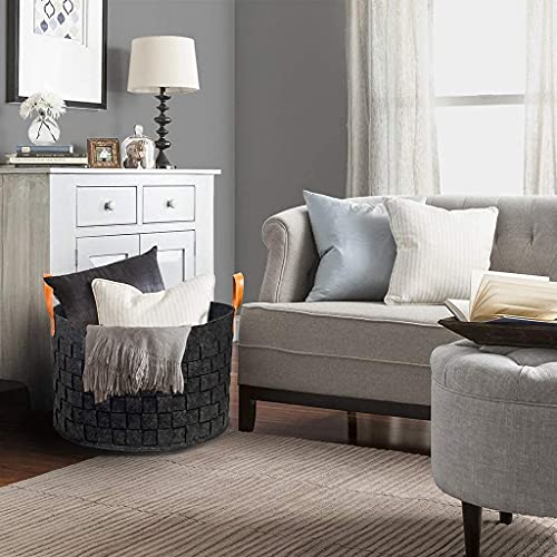 BOLDMONKEY Laundry Basket 20" x20 " x11.8 ", Large Round Blanket Basket with Leather Handle, Felt Storage Basket for Living Room, Nursery, Dog Toys-Dark Gray - color: Dark Gray