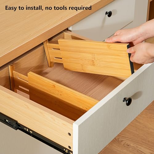 Fabsome Dresser Drawer Organizers 6 Pack, 4.65'' High Adjustable from 17-22‘’ Bamboo Drawer Dividers for Clothing Baby Clothes, Wooden Separators for Dresser Nursery Organization with Soft Foam Ends - size: For 17-22in deep drawers inner size