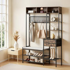 VEVOR Hall Tree with Bench and Shoe Storage, Entryway Bench with Coat Rack, 2 Drawers, 3 Storage Cubbies, 3 Open Shelves, Coat Hooks with Soft Cushion for Entryway, Hallway - size: 70.9" * 47.2"