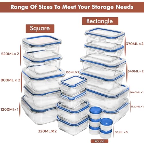 Razab 35 Pc Set Glass Food Storage Containers with Lids - Meal Prep Airtight Bento Boxes BPA-Free 100% Leak Proof (15 lids,15 glass & 5 Plastic Sauce/Dip Containers) - color: Dark Blue