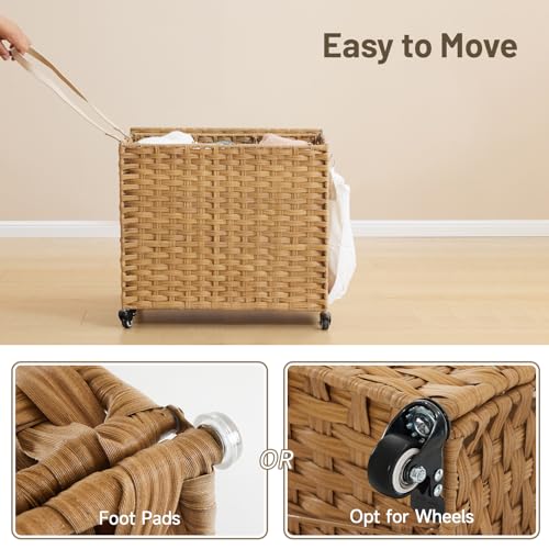 Laundry Hamper with Wheels, 34.3 Gallon(130L) Rolling Laundry Basket with Lid, 3-Section Rattan Clothes Hamper with 3 Removable Liner & 3 Mesh Bags, Laundry Sorter with Side Pocket, Natural - color: Natural, size: 130L（23.62 x 15.75 x 21.65 Inches）