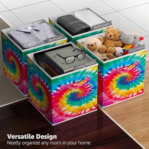 Sorbus 11 Inch Fabric Storage Cubes - Sturdy Collapsible Storage Bins & Handle - 6 Foldable Baskets for Organizing Clothes - Multi Colored Storage Baskets for Shelves (Dark Tie-dye, 11 Inch) - color: Dark Tie-dye, size: 11 Inch