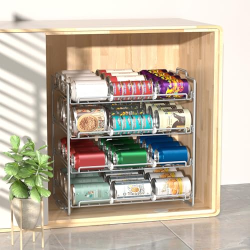 4 Tiers Stackable Can Rack Organizer, Wear-resistant Upgrade Beverage Food Can Dispenser Holder Holds up to 48 Cans for Kitchen Cabinet and Pantry (Silver) - color: Silver