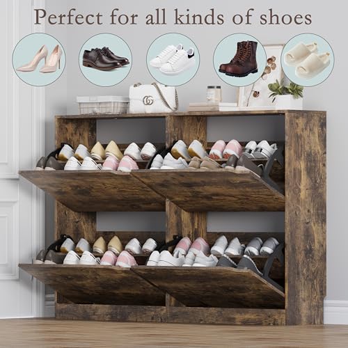 BORNOON Shoe Cabinet with 4 Flip Drawers, Narrow Hidden Shoe Storage Cabinet, Slim Freestanding Shoe Rack Organizer for Entryway, Hallway, Bedroom, Living Room - color: Brown, size: 4 Drawers