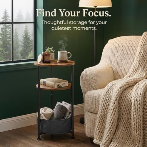 Small Round Side Table with Storage Basket, 3-Tier Narrow End Table Nightstand for Living Room Bedroom, 11.8" Diameter Modern Bedside Table for Small Spaces, Wood Grain & Metal Frame (Rustic Brown) - color: Rustic Brown