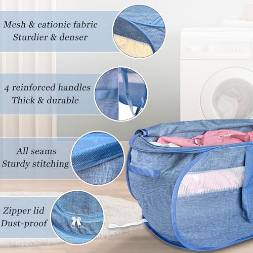 Upgraded 100L Extra Large Mesh Pop Up Laundry Hamper with Lid and Handles. XL Closet Storage Bins, Dirty Clothes Basket for Dorm Home, Foldable Laundry Basket. Blue. H - color: Blue, size: Single Horizontal