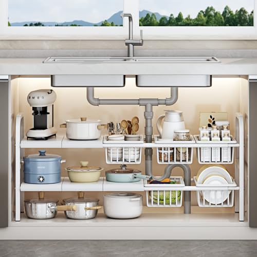Under Sink Organizer，2 Tier Expandable Heavy Duty Metal Shelf，with 5 Removable Panels and 5 Storage Basket for Under Kitchen Bathroom Sink Organizers and Storage(White, Large) - color: White, size: Large