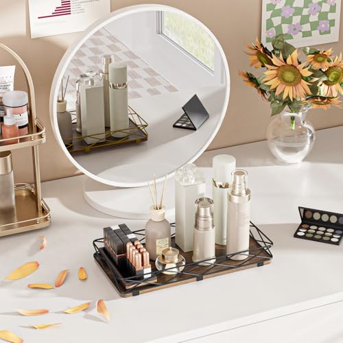 Lixple Toilet Paper Basket Holder, 13" Toilet Tank Tray, Wood and Metal Toilet Tray Vanity Organizer Bathroom Tray, Kitchen Sink Organizer for Soap Dispenser (Brown+Black) - color: Brown+black