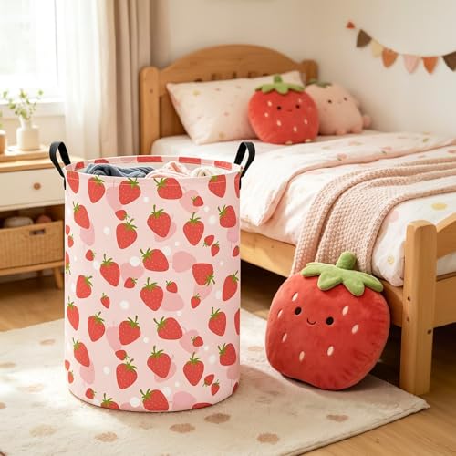 Collapsible Fabric Storage Basket, Waterproof Laundry Hamper with Handles, Round Storage Bin for Clothes Toys, Foldable Organizer for Bedroom Nursery Bathroom(Round-Pink Strawberry) - color: Round-Pink Strawberry