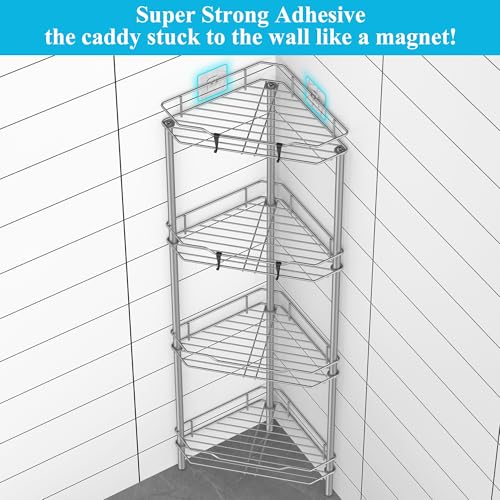 HuggieGems 4 Tier Floor Standing Corner Shower Caddy Organizer Shelf with Hooks, Bathroom Shelves Stand Rack, Gray - color: Gray, size: 4 Tier