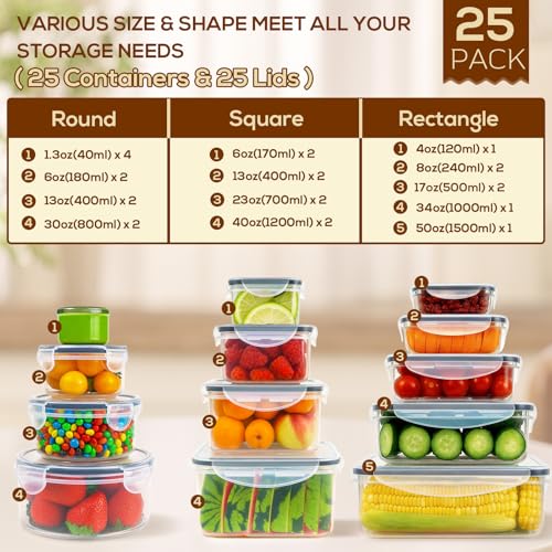 50 PCS Thicker Food Storage Containers with Lids, Clear Stackable Airtight Leakproof Reusable Plastic Meal Prep Container Set for Kitchen Storage/ Lunch, Fridge/ Microwave Safe with Labels&Pen - size: 405oz-25 Pack