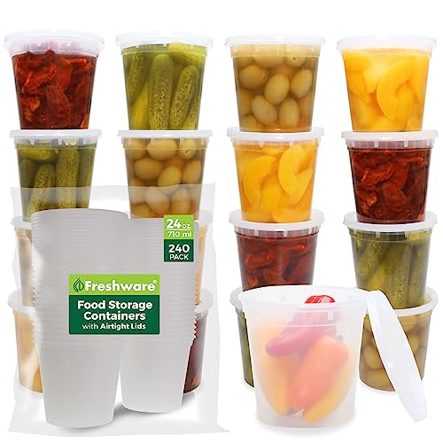 Freshware Food Storage Containers [240 Set] 24 oz Plastic Deli Containers with Lids, Slime, Soup, Meal Prep Containers | BPA Free | Stackable | Leakproof | Microwave/Dishwasher/Freezer Safe - size: 24 oz - 240 Sets