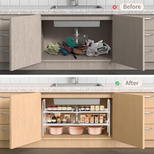 Expandable 2-Tier Under Sink Organizer, 8 Removable Plastic Boards, Tool-Free Installation (White, 2-Tier 8 Boards) - color: White, size: 2-TIER 8 Boards