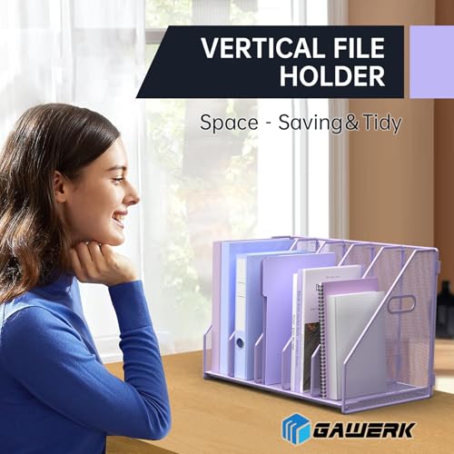 MINDEPOT Desk File Organizer Metal Desk Magazine Folder Holder with 5 Vertical Compartments Rack File Organizer for Office, Home, School (Purple) - color: Purple