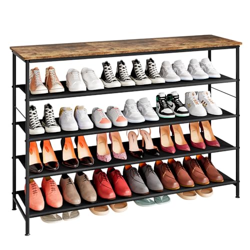 INGIORDAR Shoe Rack Organizer 5 Tier Metal Organizer Shelf with Industrial MDF Board and Layer Fabric for Entryway Closet Bedroom Living Room Garage (Black+Rustic Brown, 5 Tier(47.2" W)) - color: Black+rustic Brown, size: 5 Tier(47.2"W)