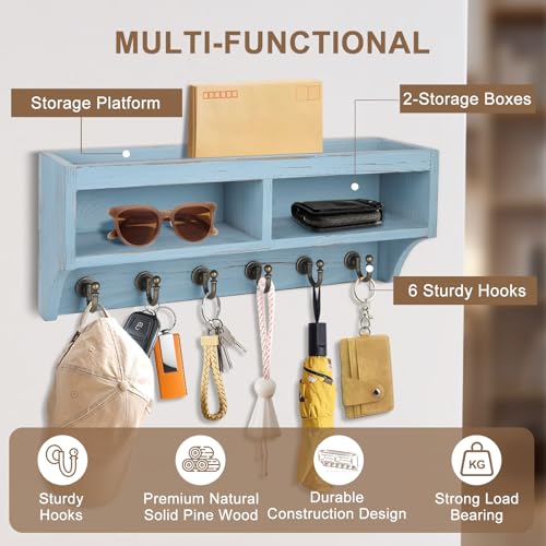 Key Holder Wall Mount - Mail Organizer Wall Mount with 6 Key Hooks and Storage Box for Sunglasses Storage and Dog Leash Holder Home Decor Rack Apartment Farmhouse Shelf Entryway Organizer (Blue) - color: Blue