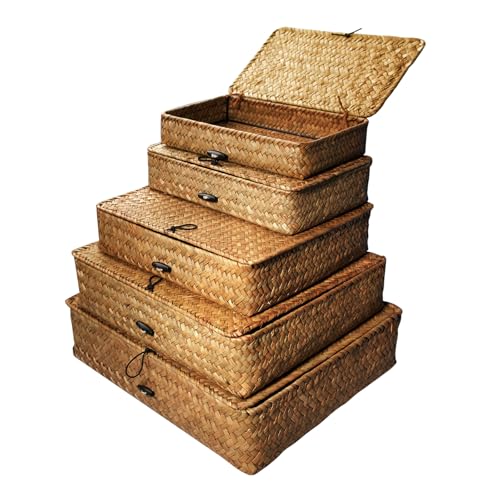 5 Pcs Seagrass Basket with Lid 5 Sizes Decorative Storage Boxes Rattan Wicker Storage Basket with Lids Woven Organizer Baskets Multipurpose Flat Storage Bins for Shelf Closet Bedroom (Brown) - color: Brown
