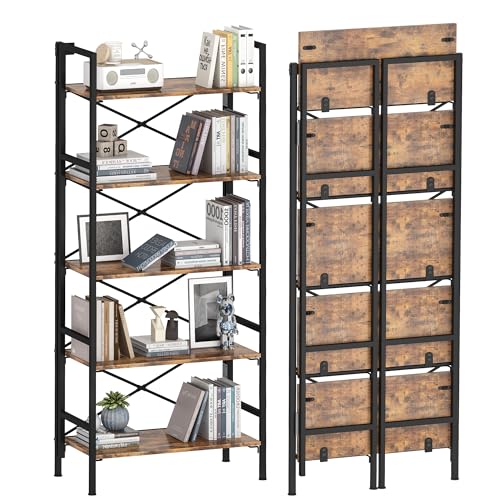 Homeiju Folding Bookshelf,5 Tier Bookcase Foldable Shelf with X-Bracket Design, Adjustable Feet, Space Saving Storage for Living Room, Office, Rustic Brown - color: Rustic Brown, size: 5 Tier