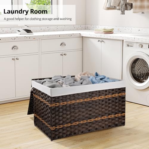 OIAHOMY Storage Basket with Lid, 42.3 Gallon (160L) Blanket Basket with Removable Liner Bag, Synthetic Wicker Hamper with Handle, Hamper for Living Room, Brown - color: Brown, size: 160L