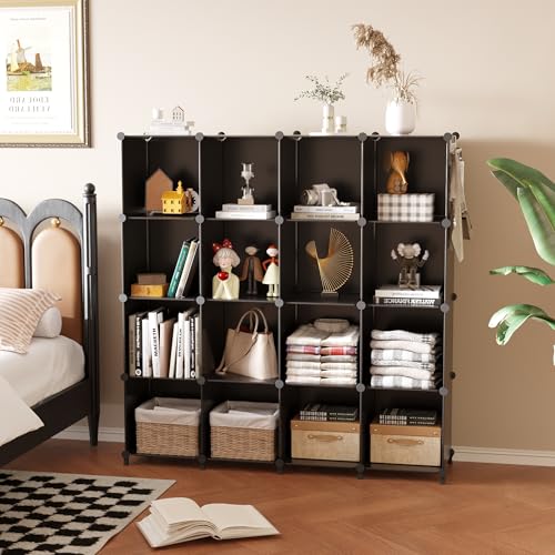 AWTATOS Cube Storage Organizer, 16 Cube Closet Organizer, Stackable Storage Cube Shelves, DIY Portable Closet Clothes Organizer Shelving for Bedroom, Closet, Wardrobe, Bathroom, Black - color: Black, size: 4x4