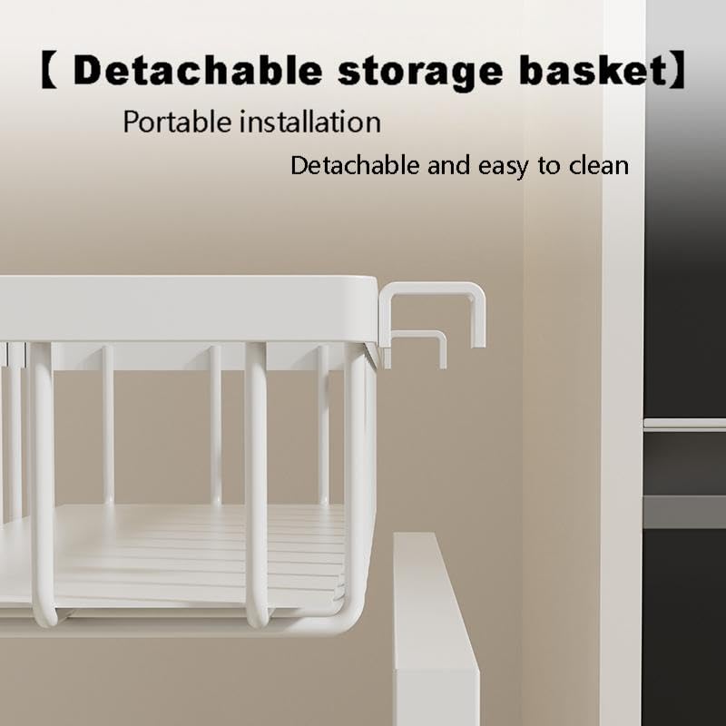 Under Cabinet Organizer Rack, White Metal 2-Tier Storage Shelf, Expandable 32-52cm Width, Modern Style, Kitchen Counter Organization with Hardware