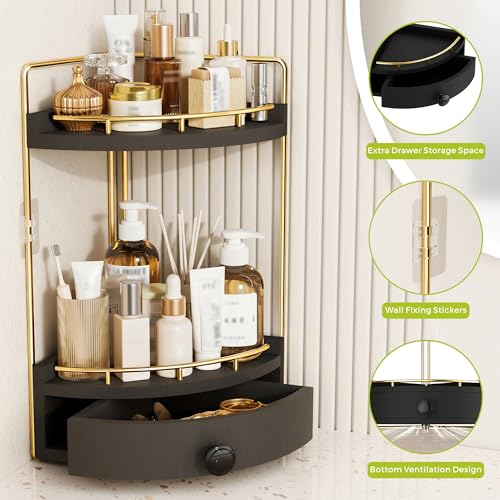 2-Tier Corner Bathroom Counter Organizer with Drawer & Embedded Screw Holes - Wooden Countertop Organizers for Skincare, Makeup Storage, Bathroom Sink Counter Shelf for Vanity, kitchen, Black Gold - color: Black Gold