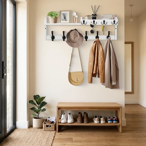 Coat Rack Wall Mount with Shelf, 27.5" Entryway Wall Hanging Shelf, Coat and Key Hanger with 10 Dual Hooks, Mail Organizer and Key Holder Hat Rack for Wall, Wood Coat Hooks with Storage - color: White