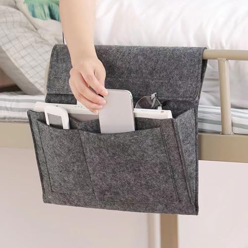 Bedside Caddy, 5 Pockets Felt Bedside Storage Organizer, Hanging Storage Organizer for Home Bedroom Living Room College Dorm Bed Water Bottles, Magazines, Phone, Glasses (Gray) - color: Gray