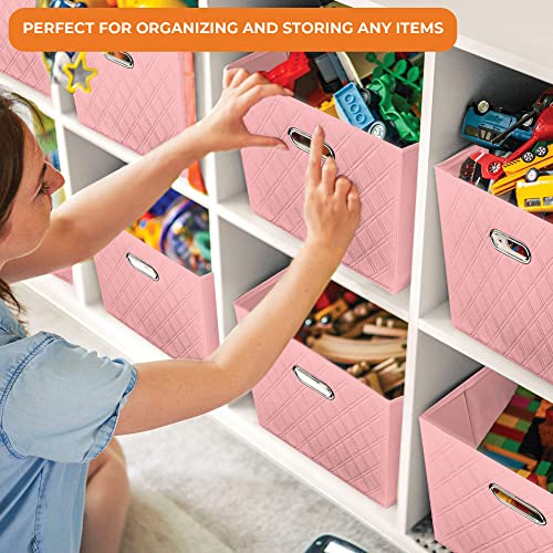 FH Group JIAessentials 11" Faux Leather Foldable Storage Cube Bins Set of 2 – Pink Diamond Patterned Organizers with Handles for Closet & Shelves - color: Pink, size: Small