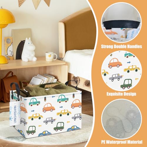 LANGYASHAN Rectangular Storage Bin Collapse Canvas Fabric Cartoon Storage Basket with Handles for Organizing Home Kitchen Boys and Girls Toys Office Closet Shelf Baskets(Rec Color Cars) - color: Rec Color Cars