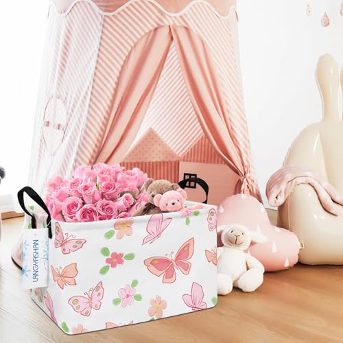 LANGYASHAN Rectangular Storage Bin Collapse Canvas Fabric Cartoon Storage Basket with Handles for Organizing Home Kitchen Boys and Girls Toys Office Closet Shelf Baskets (Rec Pink Butterfly) - color: Rec Pink Butterfly