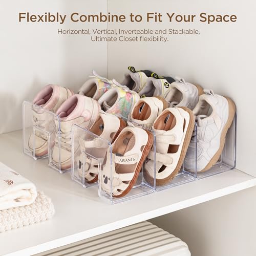 HBlife Widened 4.17 Inch Clear Acrylic Kids Shoe Rack for Closet Organizers and Storage, Small Shoe Rack 3 Sections Toddler Baby Shoe Storage Organizer Shelf, Desk File Book Purse Organizer(4 Pack) - color: Clear, size: 4 Pack(3 Sections Widened)