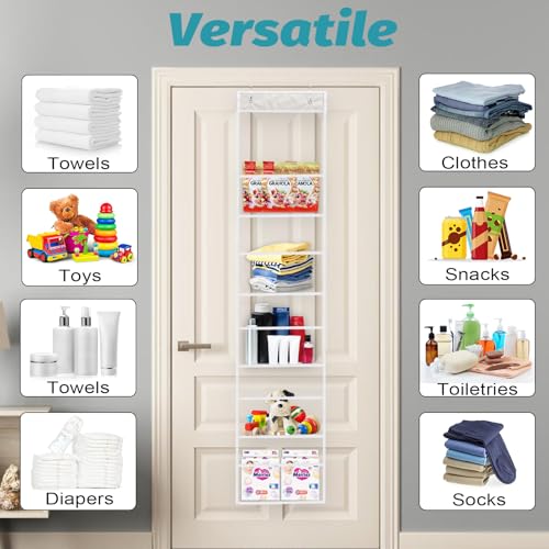 Ultra Sturdy 5-Shelf Over The Door Hanging Pantry Organizer with Clear Plastic Pockets - Large Capacity Room Organizer for Closet, Bedroom, Nursery, Bathroom & Sundries (28lb Load) - color: White