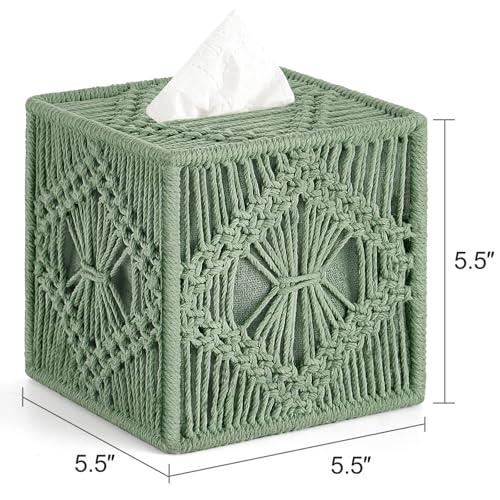 Mkono Tissue Box Cover Macrame Square Open-Bottom Tissue Box Holder Boho Decor Tissue Organizer Bohemian Handmade Woven Tissue Cube Box for Bathroom Bedroom Dresser Living Room Office Dorm, Green - color: Green