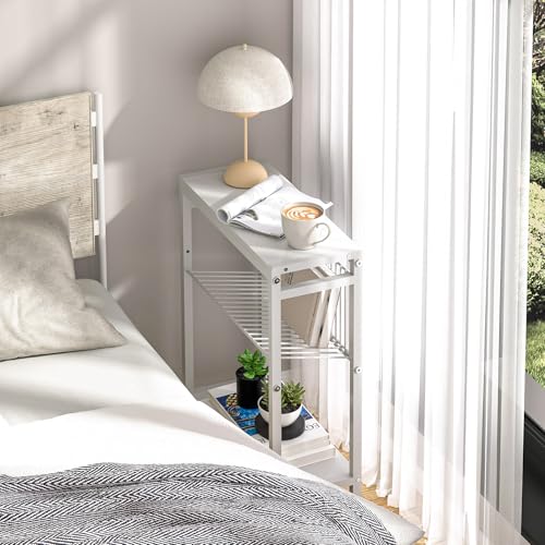 End Table Set of 2 for Small Space, 3-Tier Narrow Side Table with Magazine Holder,Small Nightstand, Skinny Snack Couch Table in Living Room, Bedroom Study and Balcony (White) - color: White-2pcs