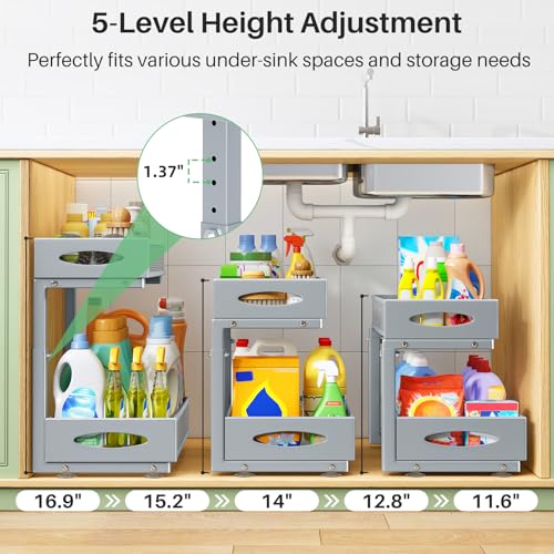 1 Pack Under Sink Organizer, 2 Tier Pull out Cabinet Organizer Mesh Baskets with 5 Adjustable Heights, Sliding Drawers Storage Shelf for Home, Kitchen, Bathroom, Pantry, Office, Countertop ,Grey - color: Grey, size: 1 Pack