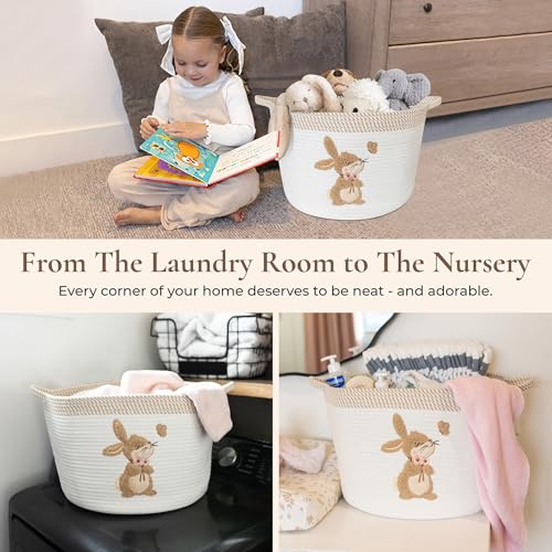 Bunny Storage Basket for Nursery – Large 15"x11" Cotton Rope Bin with Soft Embroidered Bunny Patch – Toy Organizer, Baby Laundry Hamper, Blanket & Diaper Holder – Foldable, Washable & Baby-Safe - color: Bunny