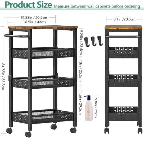 Vivihomety Utility Slim Storage Cart with Wheels, 4-Tier Narrow Rolling Organizer Shelf with Wood Top, Metal Storage Rack and Space-Saving Organizer for Bathroom, Kitchen, Laundry Room, Small Spaces - color: Black, size: 8.1 inch wide