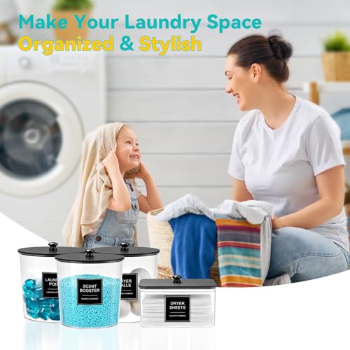 Laundry Pods Container & Dryer Sheet Holder, Laundry Room Organization and Storage Jars with Lids, Labels & Scoops for Powder Detergent Scent Booster, Black Lid - color: Black