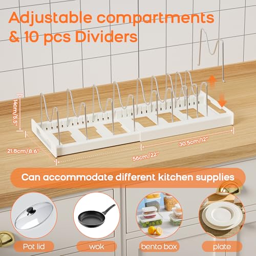 Nigelia Pots and Pans Organizer for Under Cabinet 22" Expandable Food Storage Container Lid Organizers with 10 Adjustable Dividers Pot and Pan Lid Holders Rack Inside Cabinet&Kitchen Countertop(White) - size: 1 Pack