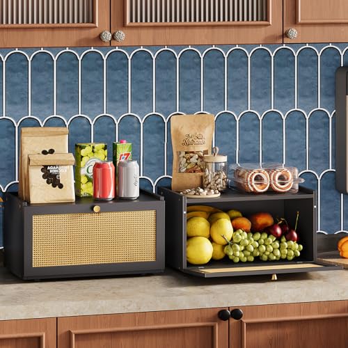 Trironsun Rattan Bamboo Bread Box for Kitchen Counter Large Capacity Bread Storage Bin Farmhouse Bread Storage Container Rustic Bread Holder (Black) - color: Black