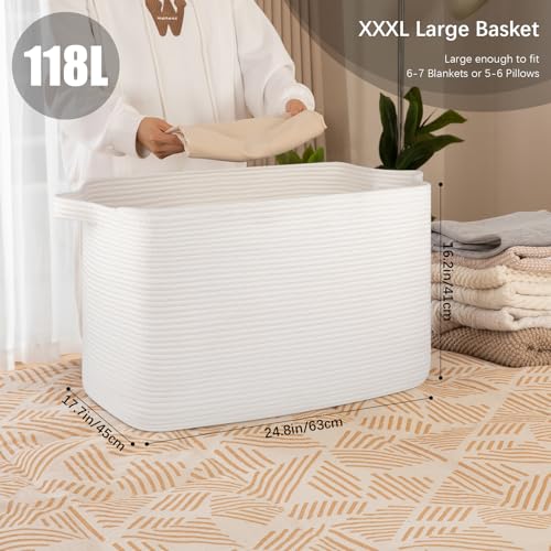 OIASKET 118L Extra Large Blanket Basket, 24.8"x17.7"x16.2" Woven Rope Baskets for Storage, Nursery Blanket Storage for Living Room, Toy Basket with Handle Organizing Comforter Cushions Pillows, White - color: White