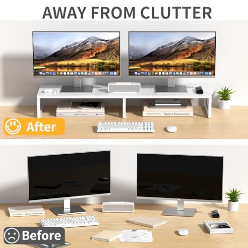 Dual Computer Monitor Stand Riser, Desk Organizers and Accessories, Printer & TV Stand, Desk Shelf, Office Desk Accessories & Desktop Workspace Organizer for Office Supplies, White - color: White