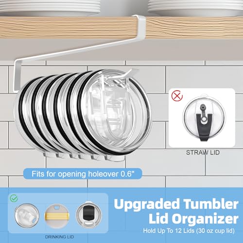 Tumbler Lid Organizer, 2 Pack for Yeti Lid Organizer, Space Saving Water Bottle Lid Holders, Tumbler Lid Holder Up to 12 Lids,No Drilling,Cup Lid Organizers for Kitchen Under Cabinet Storage (White) - color: White