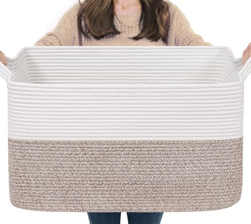 Goodpick Large Blanket Basket 22" x 17" x 12" Woven Storage Baskets for Organizing, Rectangle Baby Toy Storage Basket with Handles, Dirty Clothes Basket for Bedroom - color: Brown, size: 22"L x 17"W x 12"H