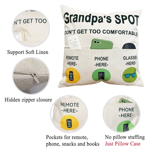 ZUYUROU Grandpa 3 Pocket Throw Pillow Cover, Grandpa's Spot Couch Organizer Pillowcase for Remote Phone Glasses, Ideal Father's Day Birthday Gift for Grandpa, Sofa Armchair Storage, 18 x 18 Inch - color: Grandpa 3-pocket
