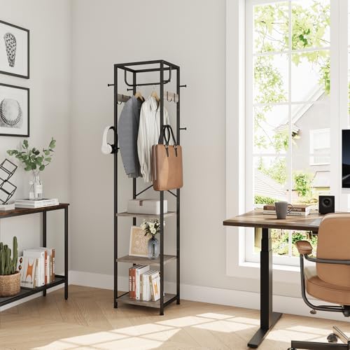 ELYKEN Coat Rack Freestanding, Hall Tree with 3 Storage Shelves and 12 Hooks, Industrial Clothes Rack Stand Organizer for Bedroom, Hallway, Entryway, Office, Living Room, Greige - color: Greige