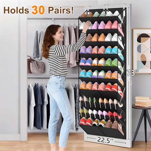 UVIAHOMI 20-30 Pairs Over the Door Shoe Organizer, Clear Pockets Hanging Shoe Storage for Closet, 10-Tier Door Shoes Rack, Handing Shoes Holder Fit All the Family's Sneakers, Boots, Heels, Black - color: Black